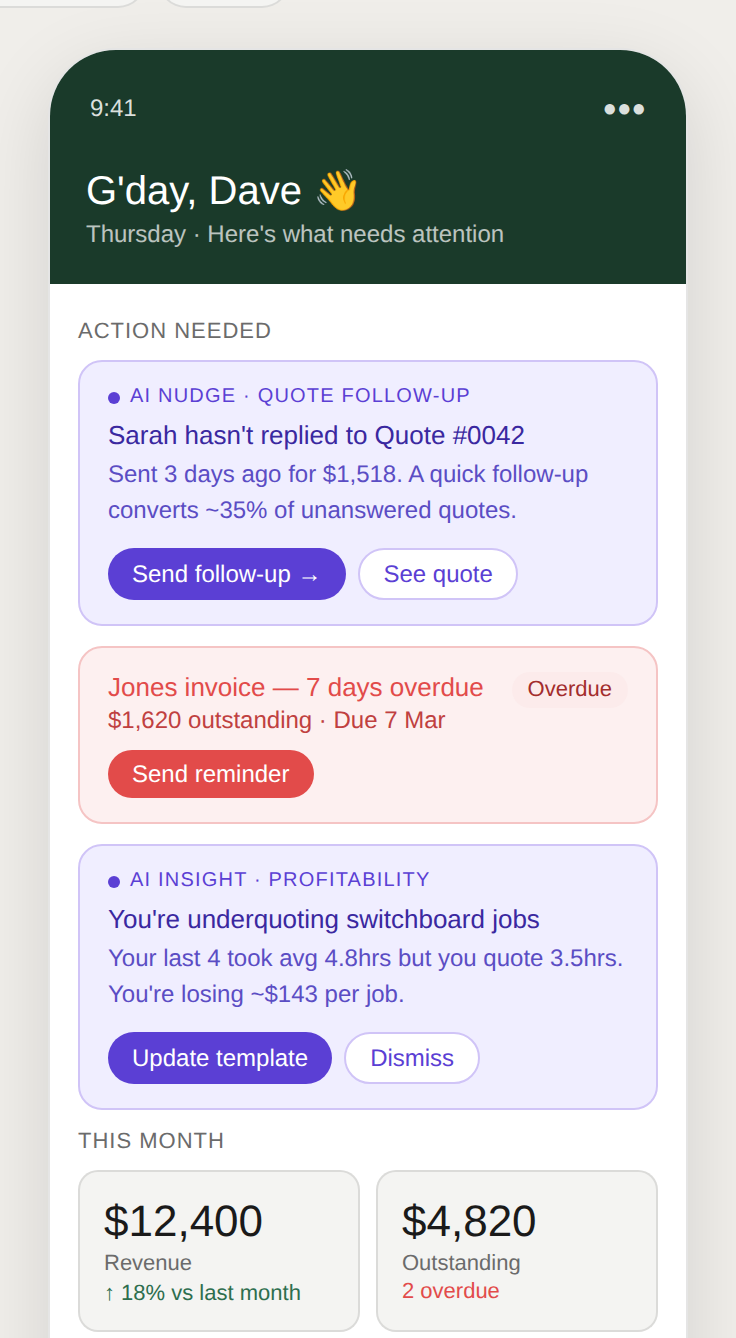 Dockett dashboard showing AI nudges and monthly revenue