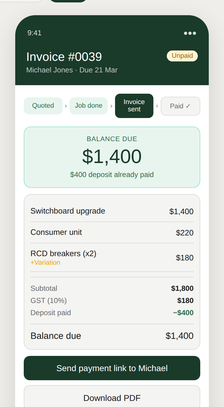 Invoice screen with payment link and PDF download
