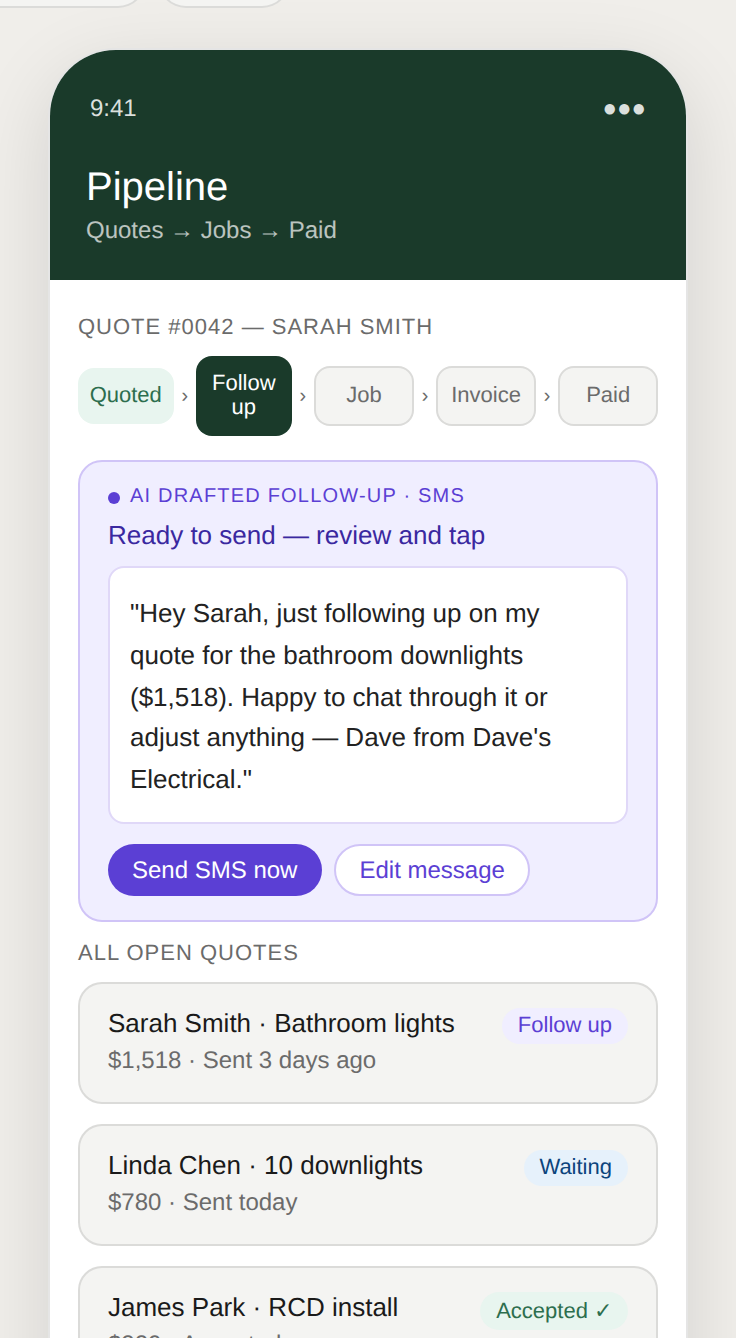 Pipeline screen with AI-drafted follow-up SMS