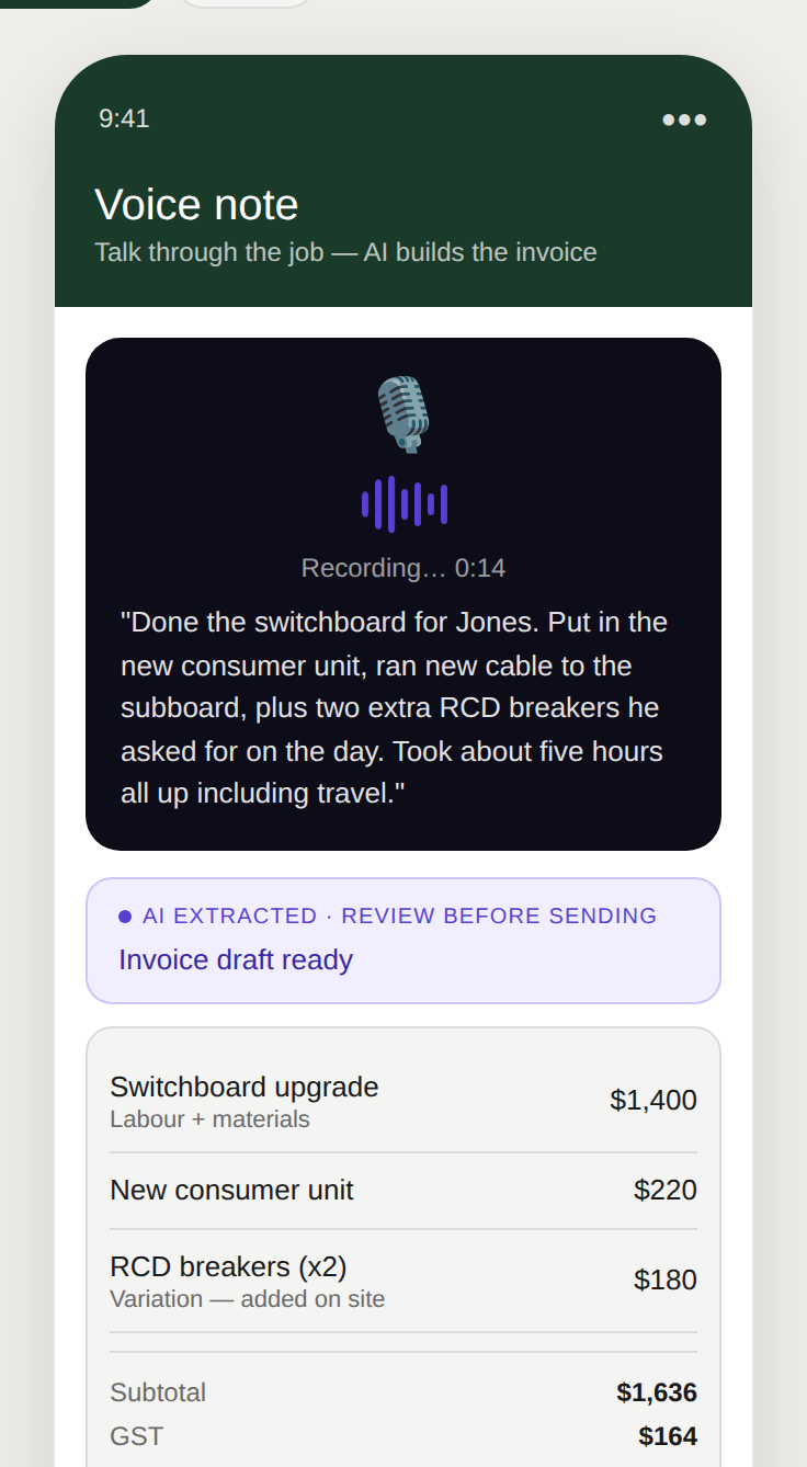 Voice note being converted to a structured invoice by AI